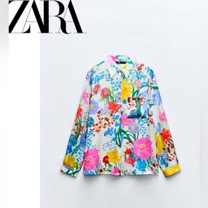 Zara Pink Floral Button Down Shirt Notched Collar